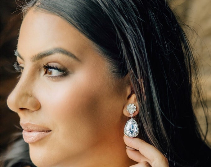Silver Teardrop Earrings With Clear Rhinestones, Wedding Earrings