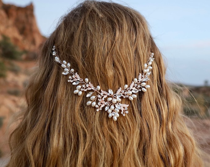 Rose Gold Boho Hair Piece With Pearls And Rhinestones