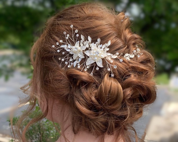 Asymmetrical Hair Accessory With Rhinestone Flowers And Leaves, Pearl Accents, Wedding hair Piece