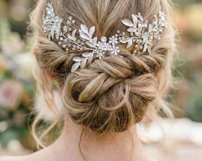 Silver Bridal Hair Vine, Rhinestone Flower Headpiece, Custom Colors