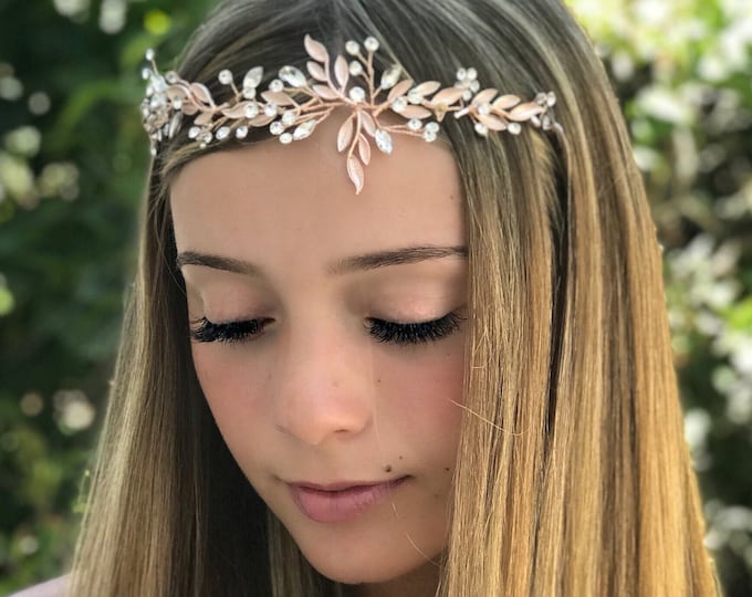 Rose Gold Hair Accessory For Your Flower Girl, Bridal Hair Vine With Leaves And Rhinestones