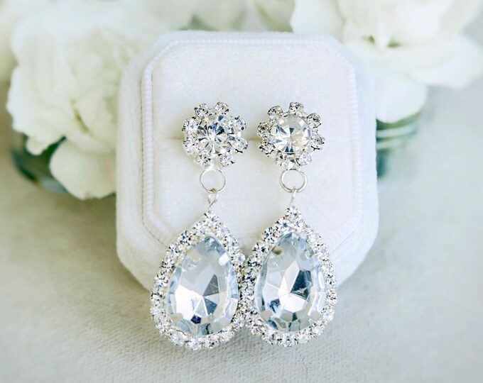 Silver Teardrop Rhinestone Earrings, Crystal Wedding Earrings