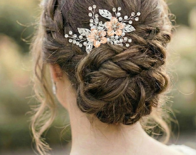 Blush Champagne & Rose Gold Flower Hair Pins For The Classic Bride, Personalized Colors For Your Wedding Palette