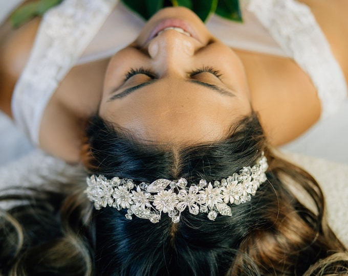 Silver Headband With Flowers Rhinestones And Pearl Accents, Wedding Head Piece For The Statement Bride