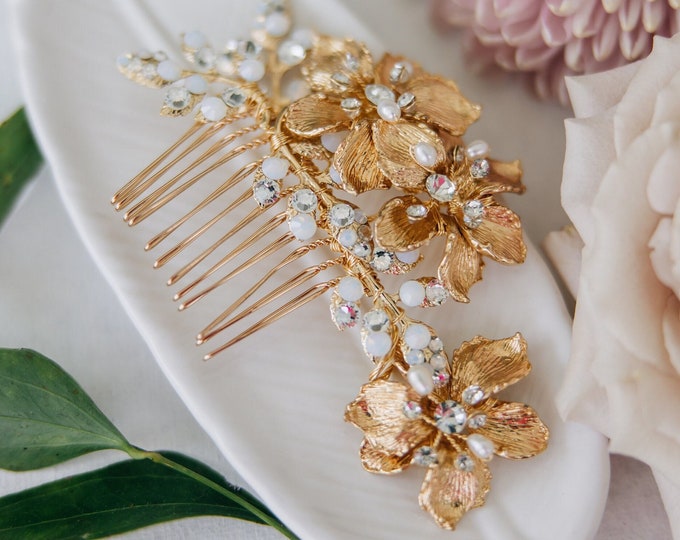 Gold Or Silver Flower Comb With Pearl And Rhinestone Accents, Matching Hair pin