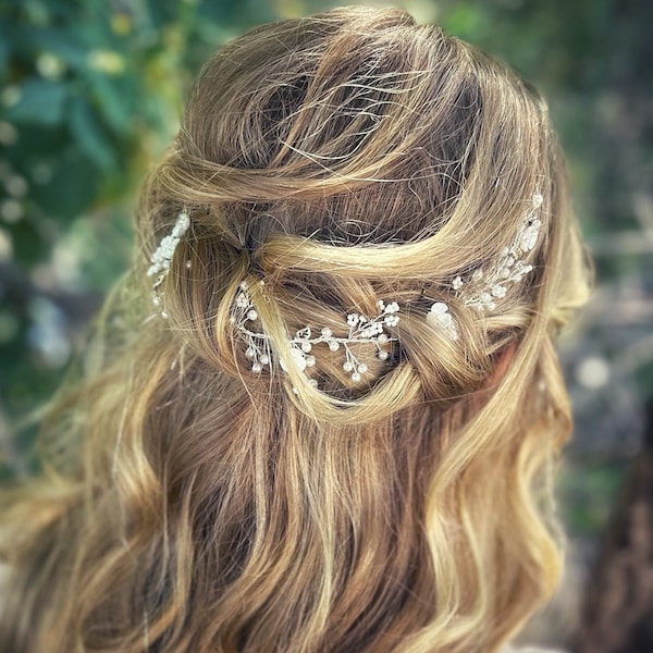 Dainty Flower Hair Vine With Small Pearl Baby's Breath And Leaf Accents