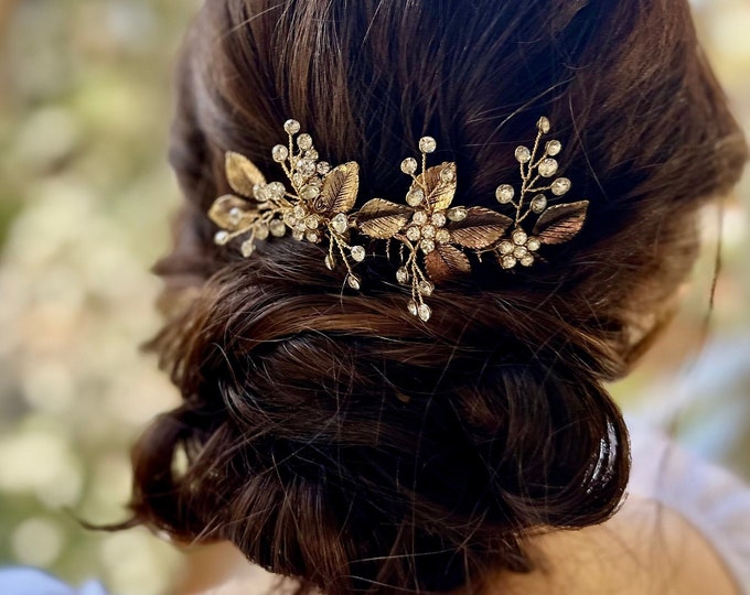 Antiqued Gold Leaf Hair Accessories With Rhinestones