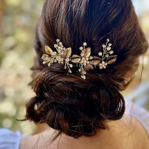 Antiqued Gold Leaf Hair Accessories With Rhinestones