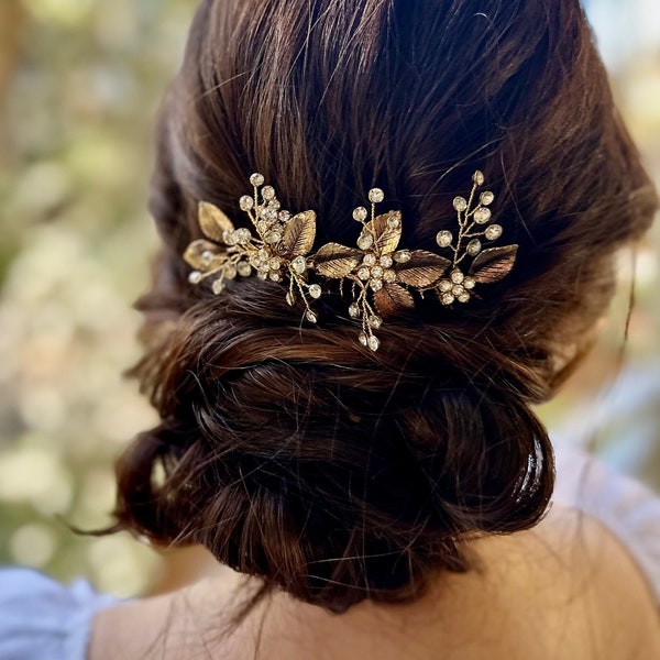 Antiqued Gold Leaf Hair Accessories With Rhinestones