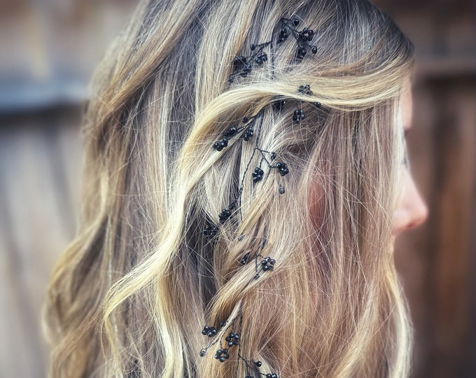 Handcrafted Delicate Black Crystal Hair Vine, Multiple Wire Color Options