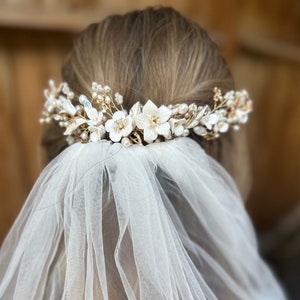 Bridal Hair Piece With Porcelain Flowers Accent Leaves Pearls And Rhinestones