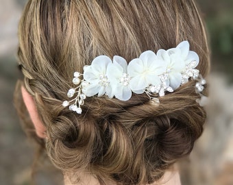 Silver Hair Clip With White Chiffon Flowers