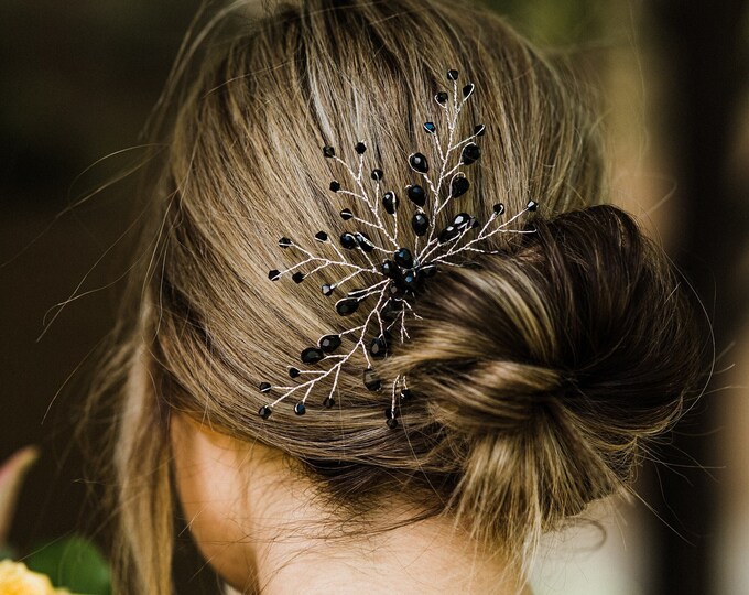 Elegant Black & Silver Hair Comb With Delicate Black Crystals, Black Hair Pin