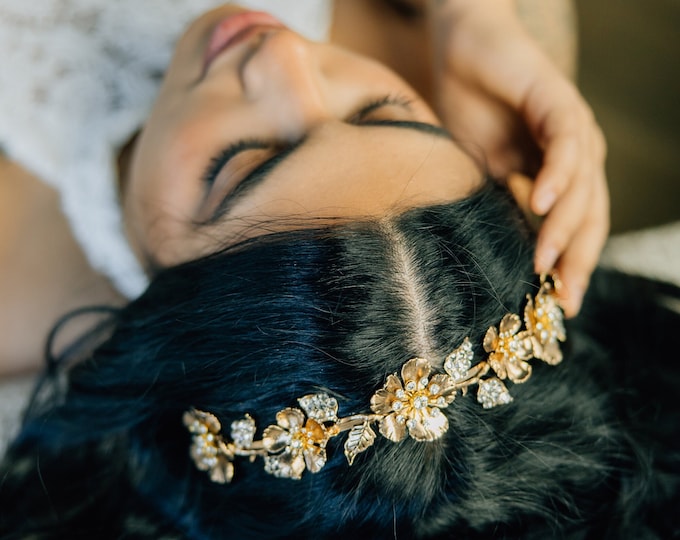 Flower Headband With An Antique Gold Finish For The Boho Bride