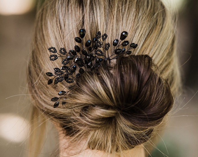 Modern: Black-on-Black Crystal Hair Pin with Beads, Sparkly Black Hair Comb