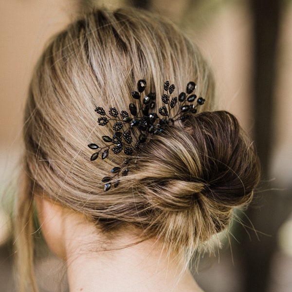 Sleek Elegance: Sparkly Black-on-Black Crystal Hair Pin with Beads