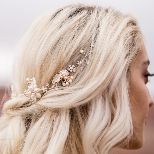 Bridal Hair Accessory With Blush And Ivory Pearls, Champagne Colored Hair Vine