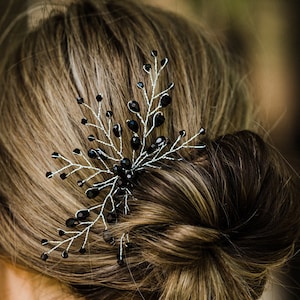 Black & Silver Hair Pin With Sparkly Black Crystals, Black Hair Comb