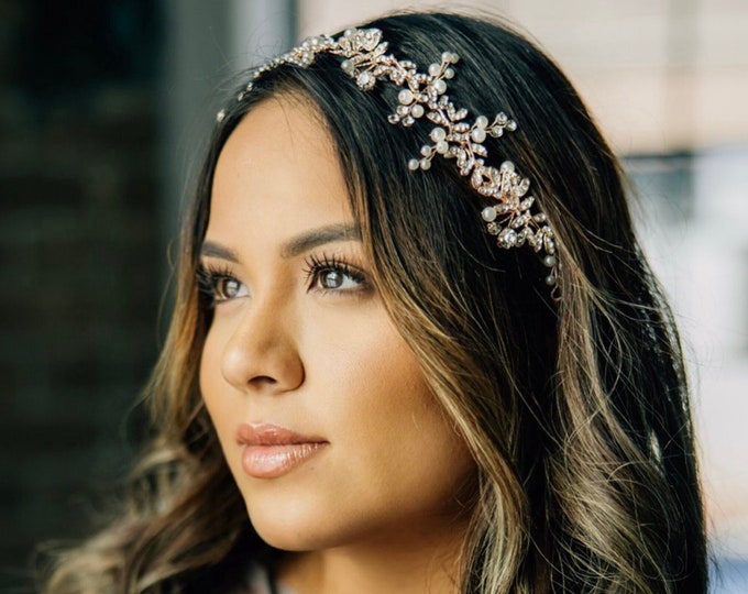 Shimmering Rhinestone Hair Accessory With Glittering Leaves And Accent Pearls, Sparkly Hair Piece