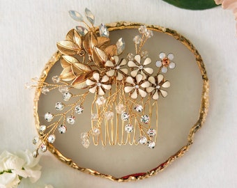 Gold Flower Hair Comb With Delicate White Flowers And Crystal Accents, Wedding Hair Accessory