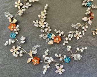 Rust & Teal: Flower Hair Vine With Custom Flower Colors To Match Your Wedding