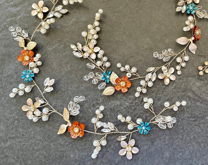 Rust & Teal: Flower Hair Vine With Custom Flower Colors To Match Your Wedding