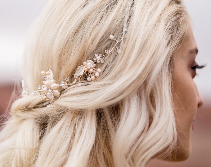 Bridal Hair Accessory With Blush And Ivory Pearls, Champagne Colored Hair Vine