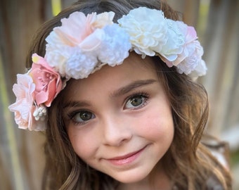 Flower Girl Hair Crown With Shades Of Pink And Soft White Flowers