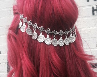 Boho Hair Jewelry With Antique Silver Coins, Hippie Inspired Hair Accessory