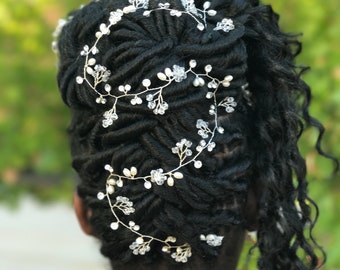 Extra Long Silver Hair Vine, Pearl Hair Vine, Crystal Hair Vine, Wedding Hair Accessory, Bridal Hair Wreath, Rhinestone Hair Vine