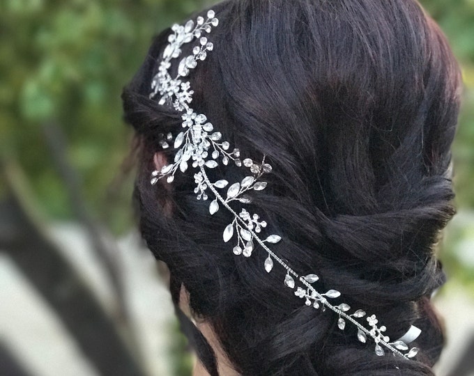 Silver Wedding Hair Accessory Features A Brilliant Rhinestone Design, Affordable Designer Hair Vine