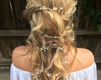 Long Silver Hair Vine With Pearls And Crystals, Wedding Hair Accessory For Your Boho Bride