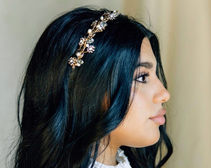 Vintage Elegance: Antique Gold Hair Vine With Black Crystals And Rhinestone Accents