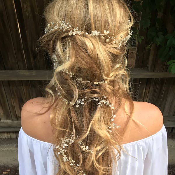 Long Silver Hair Vine With Pearls And Crystals, Wedding Hair Accessory For Your Boho Bride