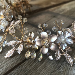 Mixed metal Hair Vine, Rose Gold Flower Hair Vine, Wedding Hair Accessory, Bridal Wreath, Rhinestone Hair Piece, Leaf Hair Crown