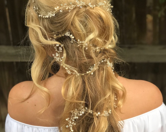 Long Hair Vine, Pearl Hair Vine, Crystal Hair Vine, Wedding Hair Accessory, Bridal Hair Wreath, Pearls Hair Crown, Rhinestone Hair Vine