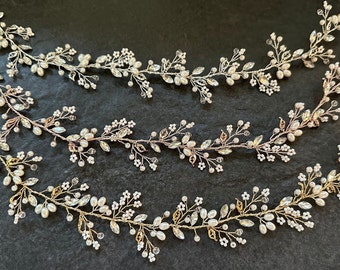 Dainty Hair Vine With Pearl Blossoms, Available In Rose Gold, Silver & Gold