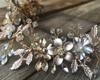 Mixed metal Hair Vine, Rose Gold Flower Hair Vine, Wedding Hair Accessory, Bridal Wreath, Rhinestone Hair Piece, Leaf Hair Crown