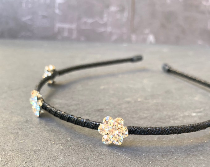 Black and Silver Headband with Dazzling Rhinestones Flowers