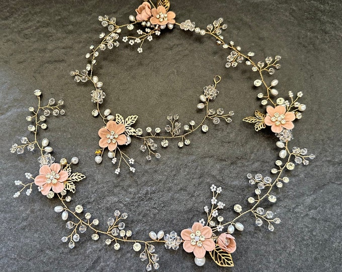 Floral Hair Vine With Blush Pink Accent Flowers, Boho Wedding Hair Accessory, Variety Of Flower Colors Available