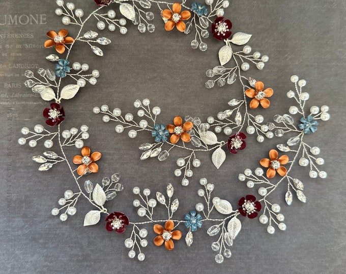 Burnt Orange/Copper And Silver Flower Hair Vine, Custom Colored Flowers To Match Your Wedding Colors, Bridal Hair Accessory