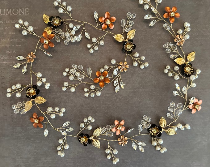 Black & Terracotta Hair Vine for a Rustic Boho Wedding, Customizable  Flower Colors