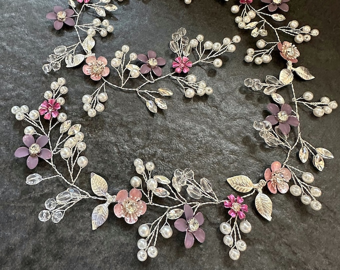 Dusty Rose & Lavender Flower Hair Vine With Custom Flower Colors To Match Your Wedding