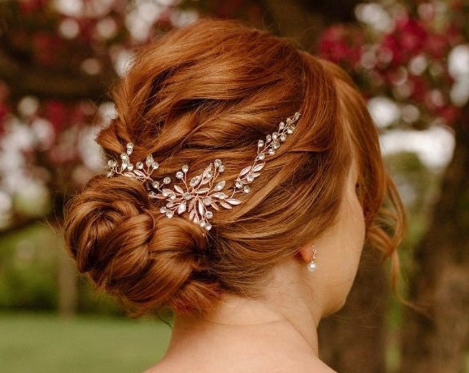 Rose Gold Hair Vine With Delicate Leaves And Accent Rhinestones