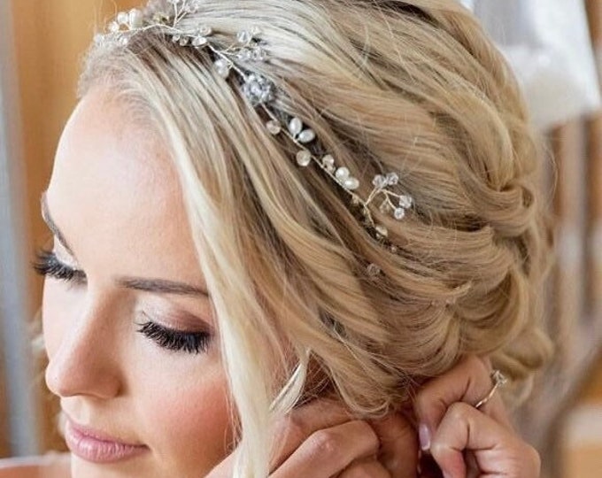 Dainty Headband Hair Vine Embellished With Rhinestones Pearls And Clear Beads