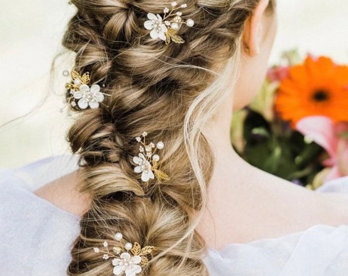 Bridal Hair Pins With Flowers And Gold Leaves, Many Colors To Choose From