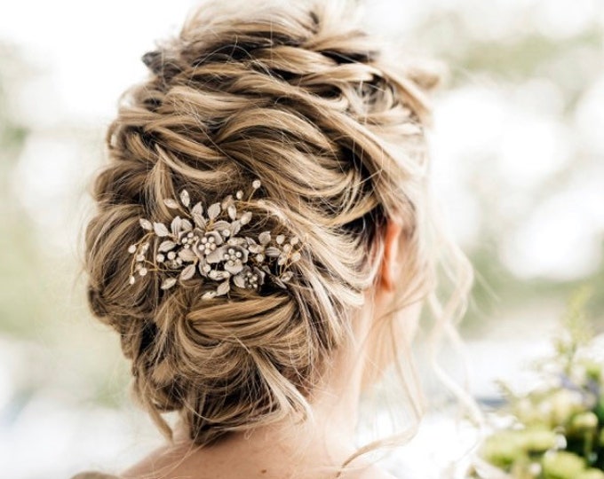 Gold Wedding Hair Comb Or Hair Pin with beautiful Flowers, leaves and rhinestone accents, Silver And Rose Gold