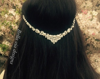 Vintage Wedding Hair Accessory, Pearls With Silver Crystals, Bridal Hair Chain, Clear Crystal Hair Jewelry,  Hair Accessory, Beach Wedding