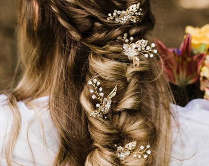 Flower Hair Pins With accent Rhinestone Leaves