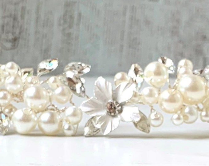 Pearl Hair Vine With Marquise Rhinestone And Sliver Accent Flowers,  Wedding Hair Accessory
